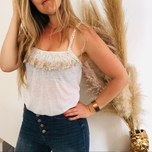 FREE PEOPLE White Crochet Lace Open Cutout Tie Back Ruffle Tank Top Shirt M - Picture 4 of 9